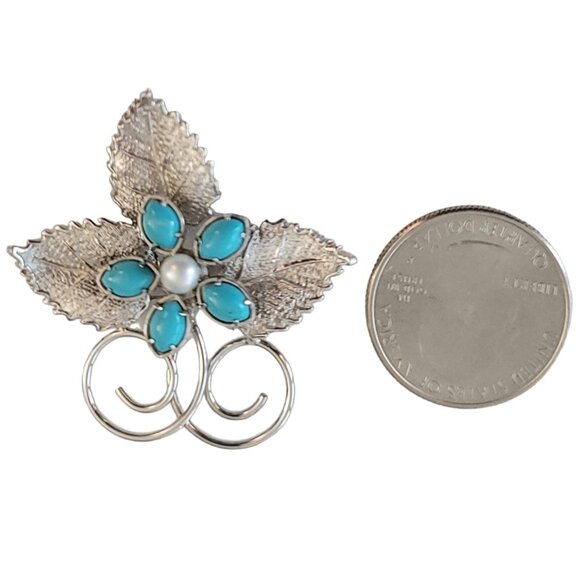 Sterling Silver Turquoise Lucite Cab, Leaf Brooch Pin, M524 - Picture 4 of 7